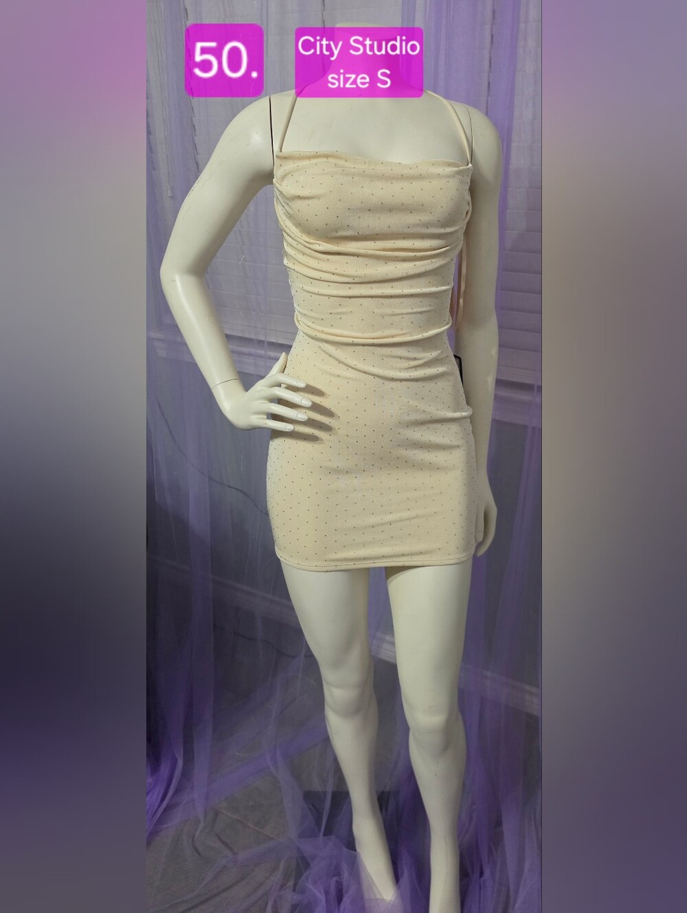 City Studio Beige Ruched Mini Dress with Subtle Studs